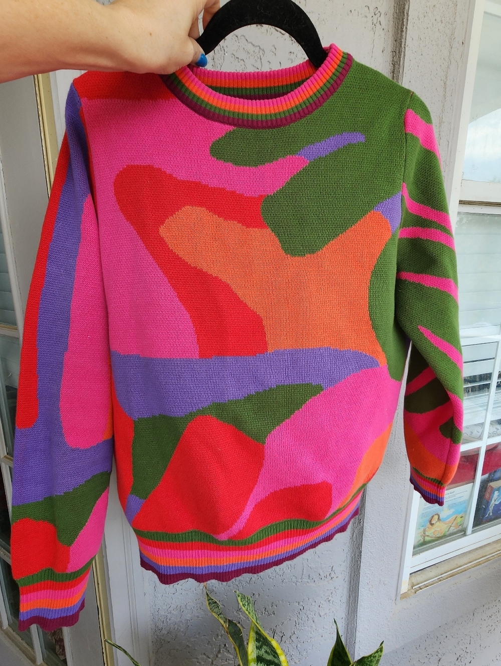 Avara Colorblock Abstract Crewneck 100% Cotton Sweater - Pink Multi Sz M B12
